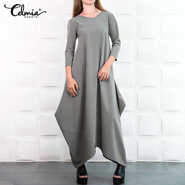 

celmia autumn women 3/4 sleeve vintage dress fashion asymmetrical long shirt dresses casual loose office party maxi vestido robe, Black;gray