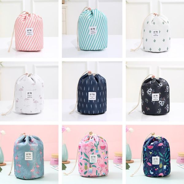 

women cosmetic bag barrel shaped makeup storage bags oxford drawstring travel pouch toiletry bags cactus flamingo flower 9 colors d1201, Black