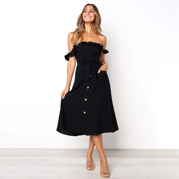 

складки карман party shopping женщины midi платье slim fit весна лето рукавов кнопка с плеча повседневный пуловер узелок, Black;gray