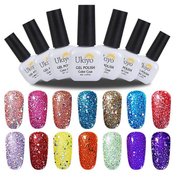 

ukiyo glitter nail polish sequined bling color nail art gel nail polish soak off uv led 8ml 30 color, Red;pink