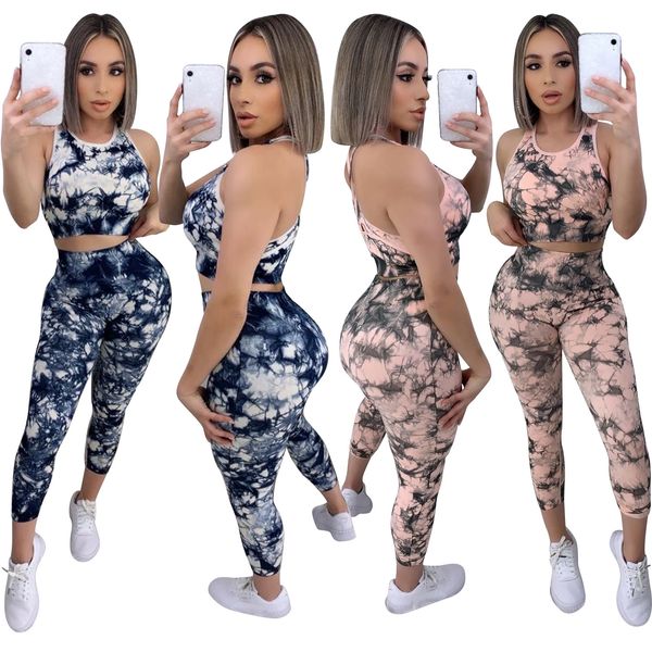 

designer women two pieces sets tie dye sporty summer tracksuits halter neck tank tee +jogger sweatpants leggings suit yoga fitness outfits, Gray