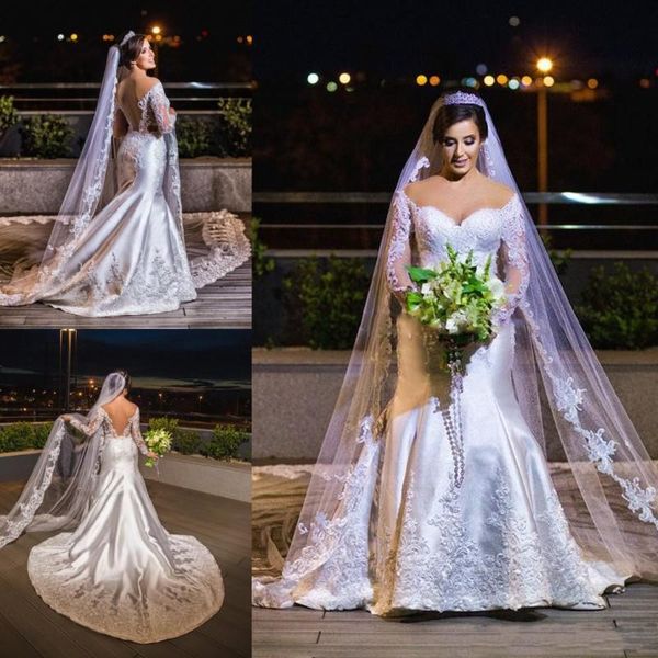 

plus size long sleeve wedding dresses lace applique off the shoulder backless bridal gowns african satin mermaid vestido de novia, White