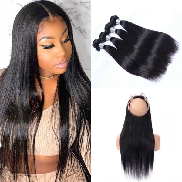 

360 lace frontal with bundles 5pcs/lot indian straight hair bundles with closure 10-26 inch virgin human hair bundles, Black;brown