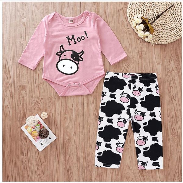 

girl long sleeve pink milk cow print romper and pant set baby spring and autumn jumpsuit and trousers suit kids clothes two pieces zht 296, White