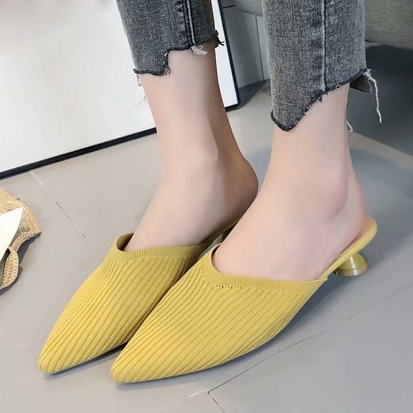 

shoes woman fashion women mesh half slipper slip-on low-heeled pointed toe party shoes women slippers solid outdoor summer, Black