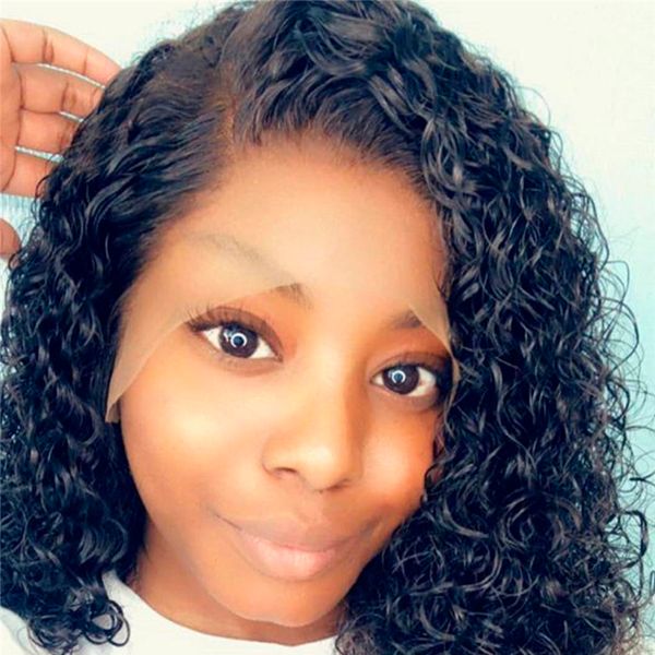 

short 13x6 lace front human hair wigs pre plucked with baby hair curly brazilian remy hair full lace wigs 8"-16, Black