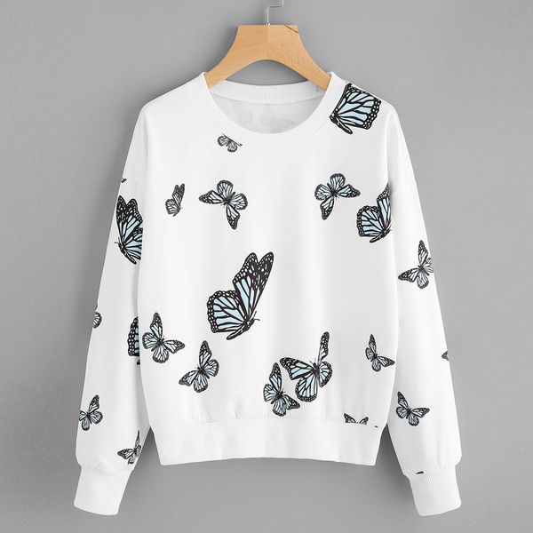 

women sweatshirt pullovers butterfly printing harajuku solid long sleeve casual sweatshirt pullover blouse tracksuit moletom, Black