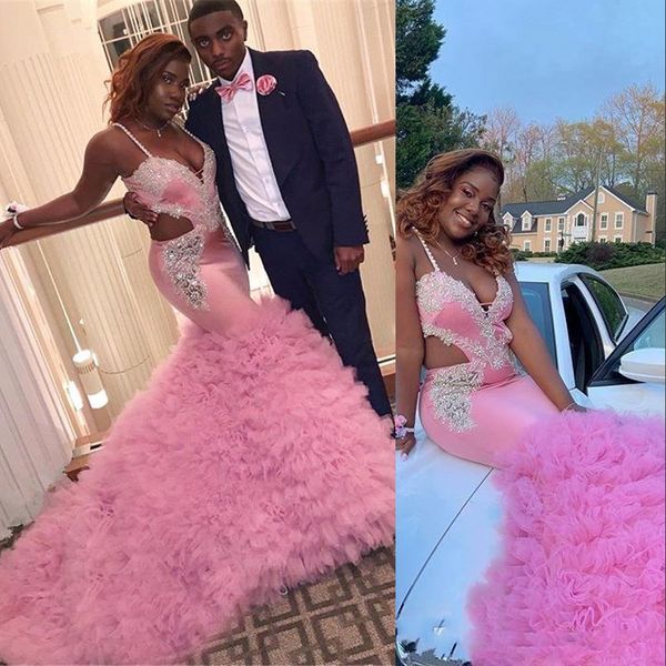 

pink mermaid prom dresses spaghetti straps silver lace beaded open back cutaway sides mermaid ruffles tiered evening wear party gowns, Black