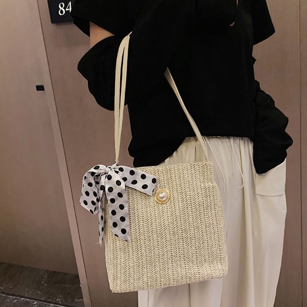 

2020 new style collection bag casual grass woven bag korean style women simple lace shoulder with drawstring