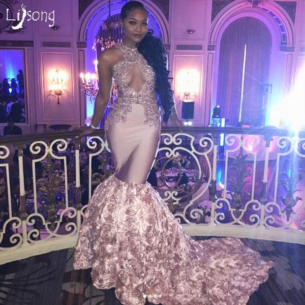 

dusty pink 3d flowers hollow bust black girl women mermaid prom dress sheath buxom formal party maxi gown celebrity dresses, White;black