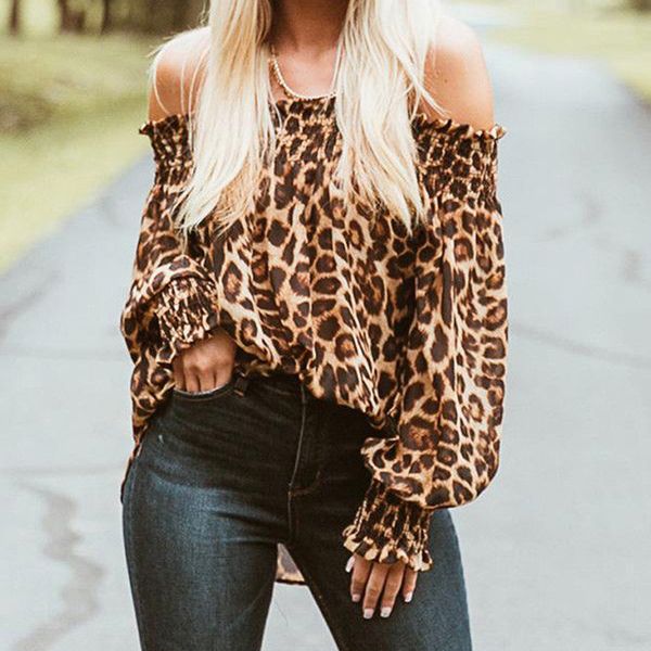 

style women leopard shirts off shoulder printing loose pullovers chic ladies blouse stylish femme blusa shirt clothing, White