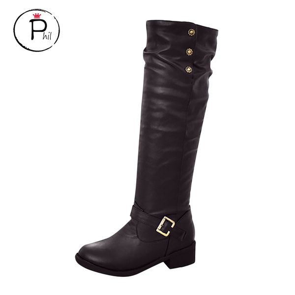 

winter black boots knee high boots plus size women ladies retro low-heeled shoes buckle add cotton long tube knight #zf