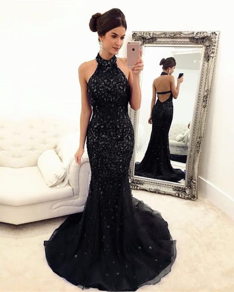 

2019 Black Halter Open Back Long Mermaid Prom Dresses Sparkly Beaded Crystal Backless Formal Evening Dress Evening Gowns Hot Sale