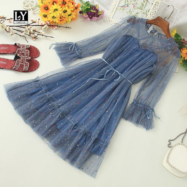 

ly varey lin new autumn sequined ruffle edge fairy dress sweet solid flare sleeve a-line peter pan collar lady dress, Black;gray