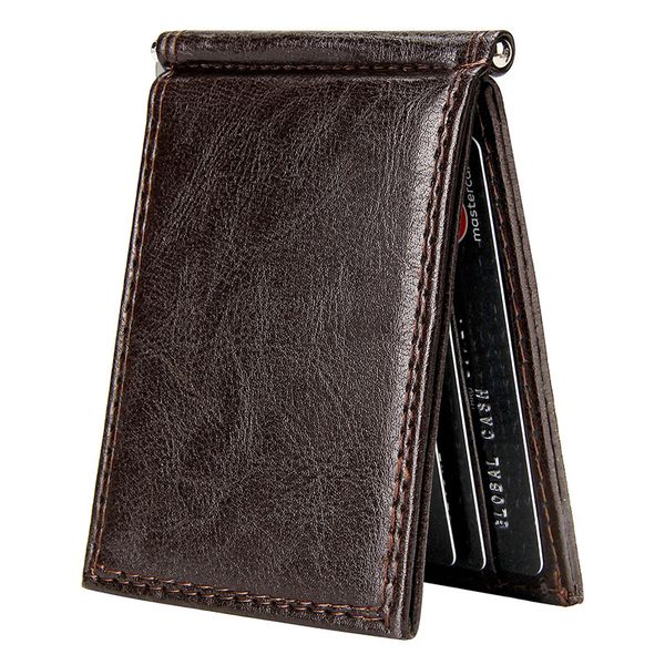 

vintage slim money clip bifold short wallets for men multi card slots pu leather luxury business cards wallet male metal clips, Brown;gray