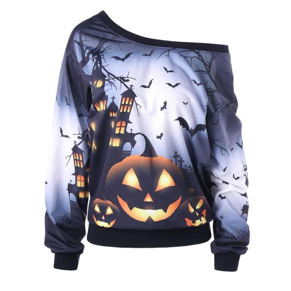 

chamsgend women sweatshirt halloween skew neck pumpkin bat printed jumper pullover woman sweatshirt new arrival fashion c30830, Black