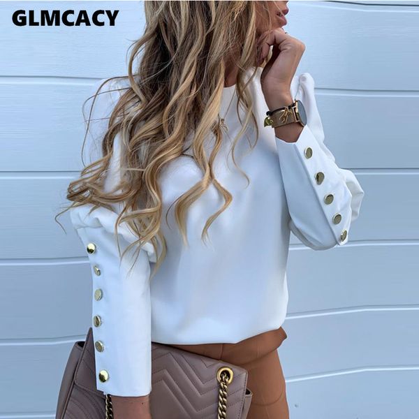 

women elegant fashion basic female office stylish print leisure shirt solid metal buttoned detail casual blouse, White