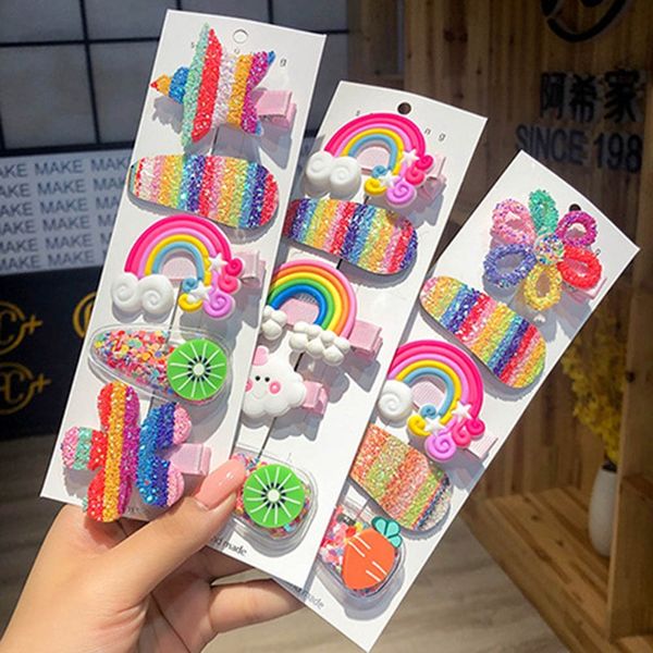 

3/5pcs/set girls cute rainbow star flower fruits sequins hairpins children sweet hair clips barrette fashion hair accessories, Slivery;white