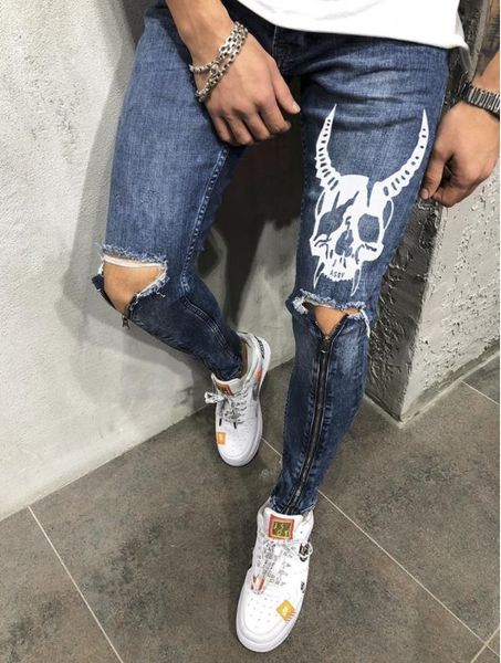 

mens skull designer jeans leg zipper holes biker skateboard sports pencil pants pantalones, Blue