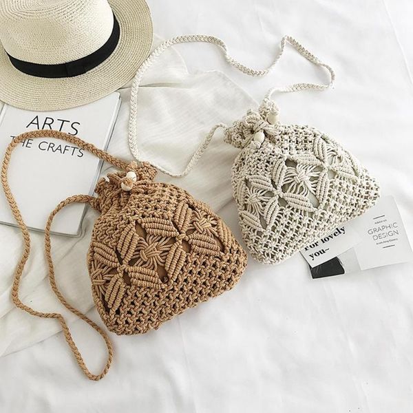 

rope woven bag rhombic design elegant hollow cross-body bucket bag drawstring handbag holiday leisure beach handbag