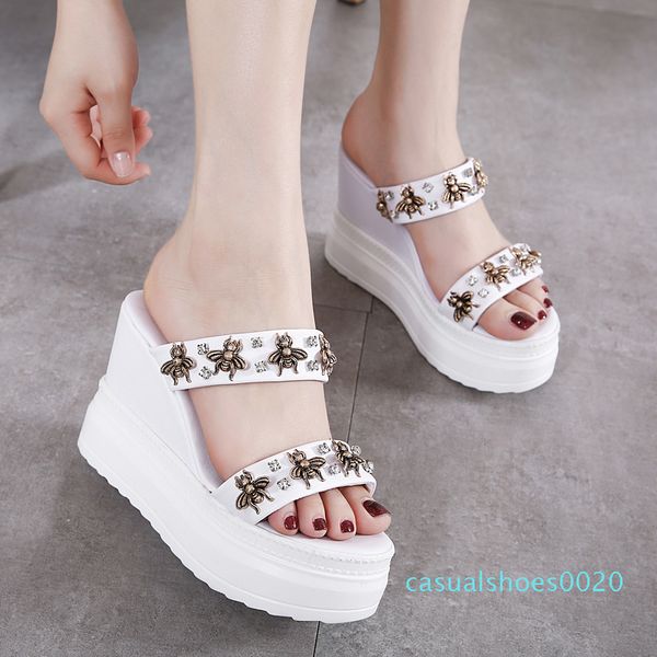 

swonco wedges slippers shoes women summer platform slipper rivet bee 2020 new white shoes female chunky slippers slides womens c20, Black
