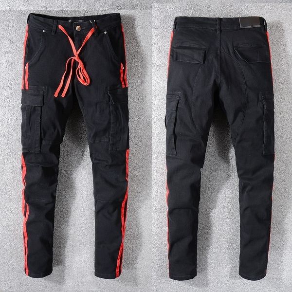 

new italy style #574# men's distressed leather ribs patches red sides skinny black cargo pant jeans slim trousers size 28-40, Blue