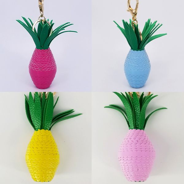 

color fruit pineapple keychains leather charms key ring women bag pendant couple key chain handmade car pendants decoration gift, Silver