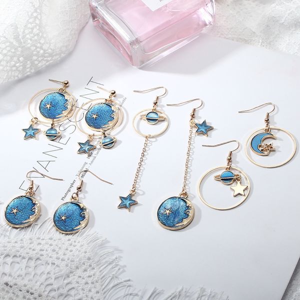 

2019 new korean style jewelry blue star moon long drop earrings for women asymmetric round planet earrings fashion, Silver