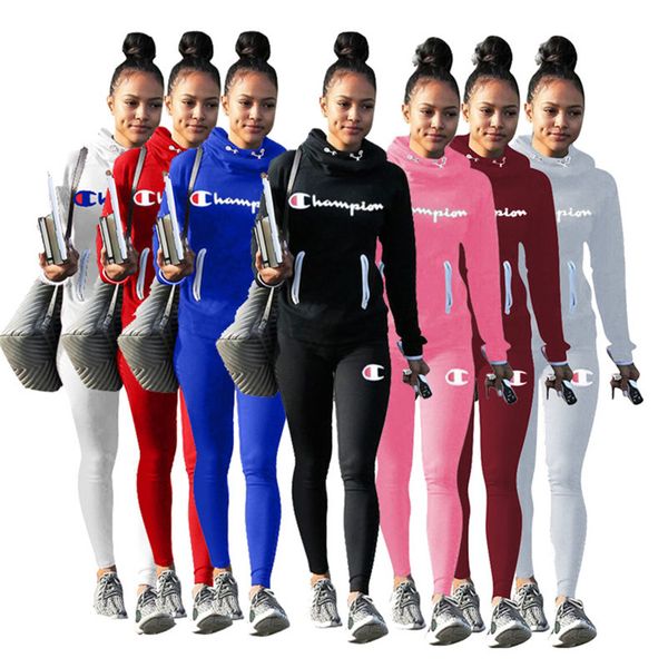 

champions women tracksuit s-3xl 2 piece set hoodies+pant outfits shirts leggings sportswear fall winter clothing pullover sports suit 1125