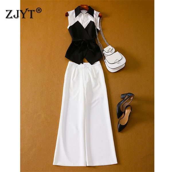 

fashion designer runway suit 2piece set women elegant lady office outfits white black color block vest and wide leg pants sets