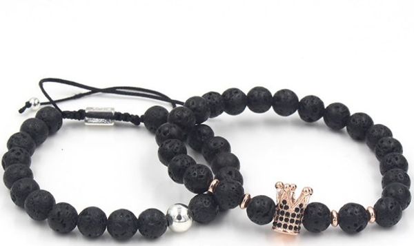 

8mm 2pcs/lot hh3 gold silver copper cz zircon cubic zirconia elastic crown black stone volcanic lava bracelet bangles