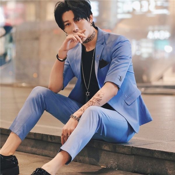 

2020 fashion suit men wedding tuxdeo suits for men short sleeve pants jacket 2 pieces set summer korea slim fit blazer custom, White;black