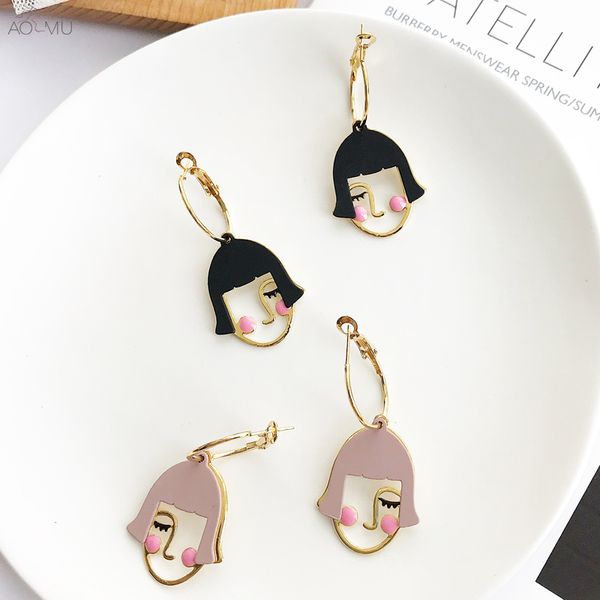 

aomu new design colorful shy baby girl metal body face profile double layer big hoop earrings for women earrings girls bijoux, Golden;silver