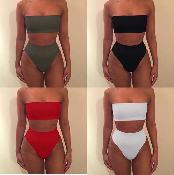 

solid color strapless bikini 6 colors swimwear women off shoulder bandage swimsuit lady bathing suit 2019 summer beachwear c6534, White