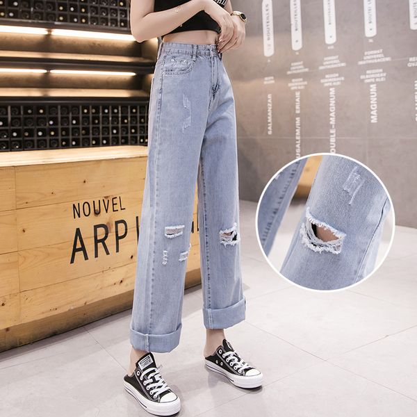 

2019 female summer women high waist jeans autumn long loose female students straight denim pants with holes button trousers, Blue