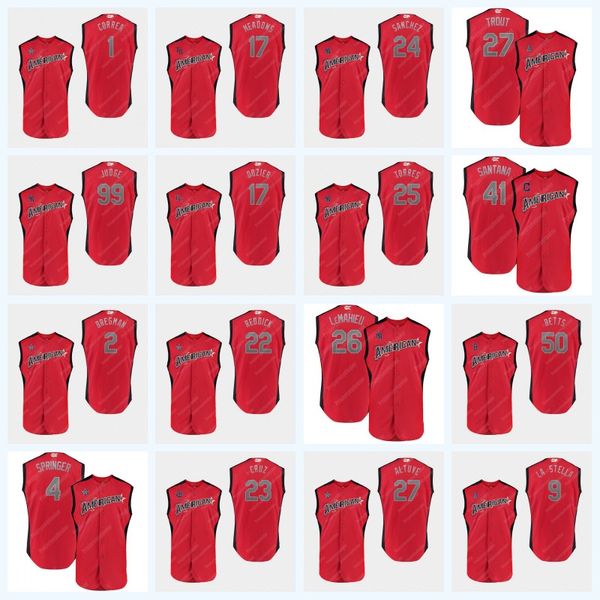 

27 Mike Trout 2019 All-Star Game 26 DJ LeMahieu 17 Hunter Dozier 23 Nelson Cruz 4 George Springer 41 Carlos Santana Baseball Jersey