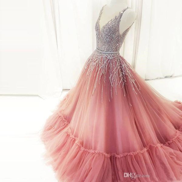 

luxury long evening dress 2019 v neck crystal beaded ball gown saudi arabia formal party gowns modest prom dress robe de soiree, Black;red