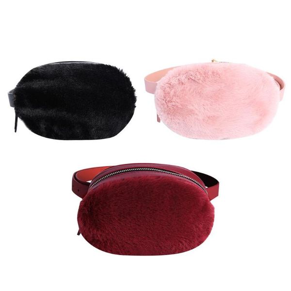 

winter plush waist packs belts women pu oval crossbody shoulder chest bag