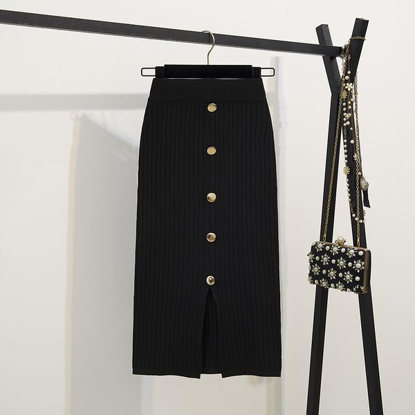 

high waist autumn winter knitted women skirts warm skirt saia long female rib skirts with button, Black