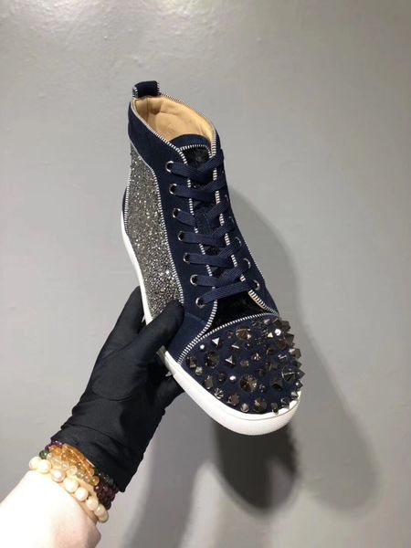 

black rhinestone sneakers men high flats red soles spikes shoes,loubitag red bottom sneakers glitter,studded with rhinestone strass