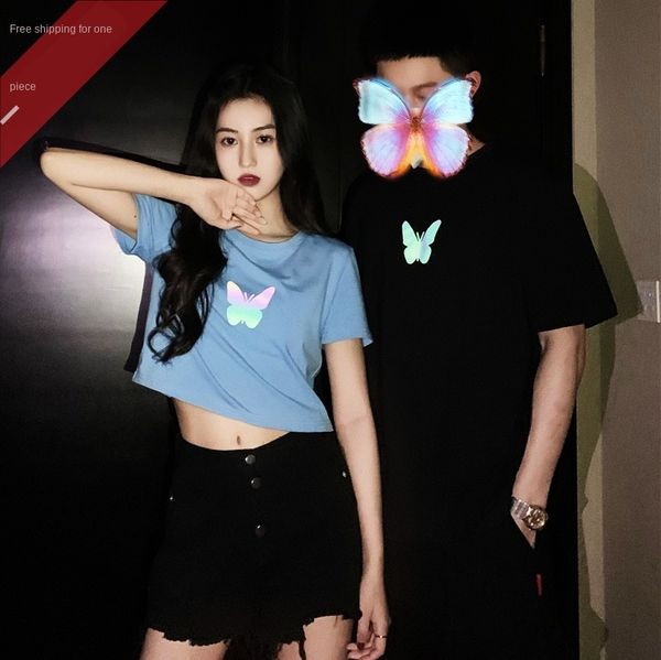 

2020 fashion couple clothes reflective butterfly short-sleeved t-shirt women's summer ins butterfly skirt t-shirt skirt super fire shor, White