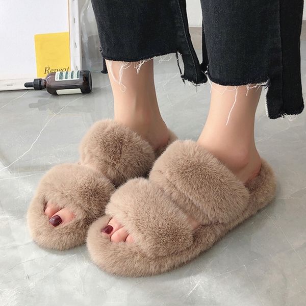 

winter women house fuzzy slippers fashion faux fur warm shoes woman slip on flats female furry home slides black mx200425