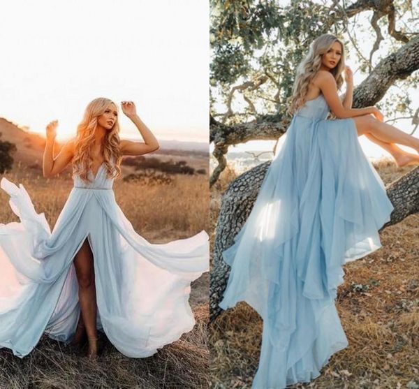 Primavera 2019 abito da sposa sexy boho cinghie spaghetti profondi spalline alte coscia divisa a livello una linea abiti da sposa in tulle blu cielo