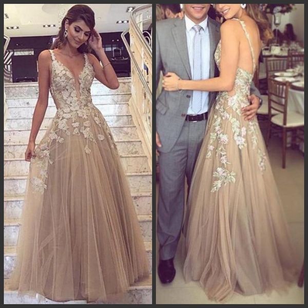 

elegant lace prom dresses deep v neck appliques backless tulle formal evening dresses floor length cocktail party gowns ing, Black