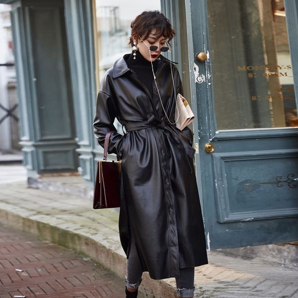 

2019 woman's faux pu leather outwear pu leather long jacket black women motorcycle new spring and autumn fashion coat