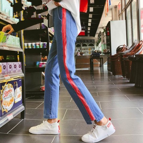 

100kg spring autumn plus size jeans for women fall straight leg denim pants womens side striped jeans woman xl-4xl 5xl, Blue