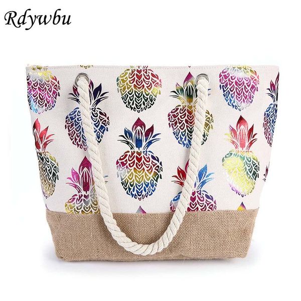 

rdywbu женщины холст соломы сумка плеча красочный ананас printed tote сумки натуральный льняной джутовый мешок пляжа для отдыха b798
