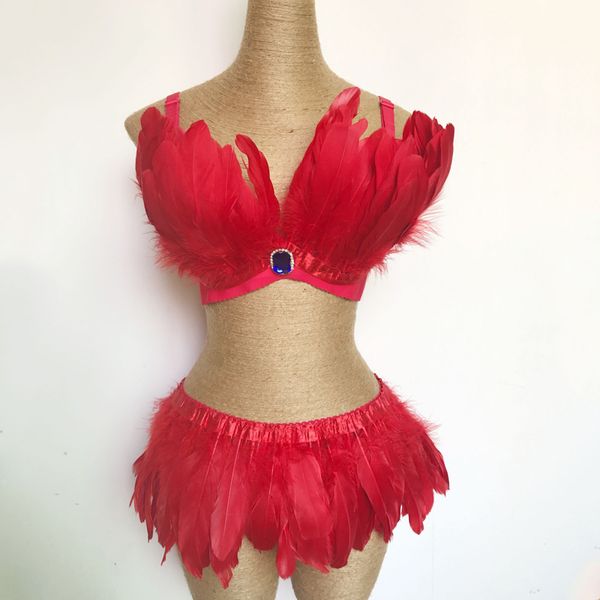 

stage wear red feather bikini suit costumes nightclub bar performance rave women singer dj lead dance clothes outfit 1766, Black;red