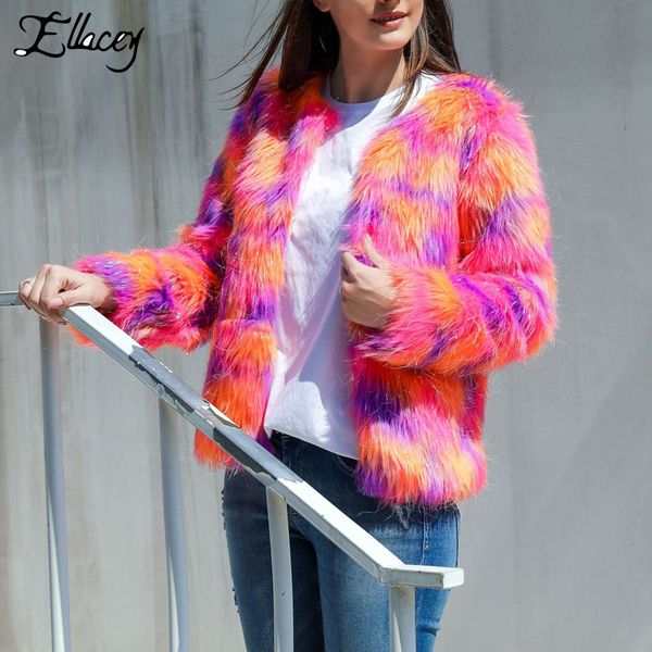 

ellacey new 2019 winter multicolor fur coat luxury imitation fur female jacket fashion neon faux coat, Black