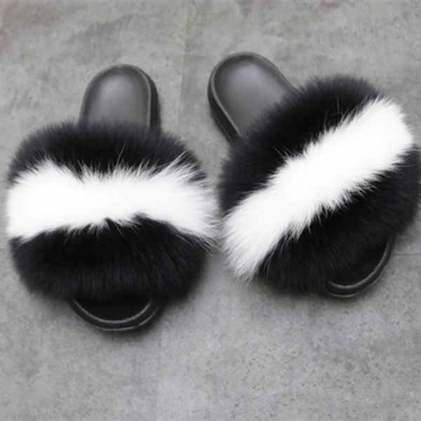 

fur slippers genuine fox fur slides wholesale furry fox fur slides, Black
